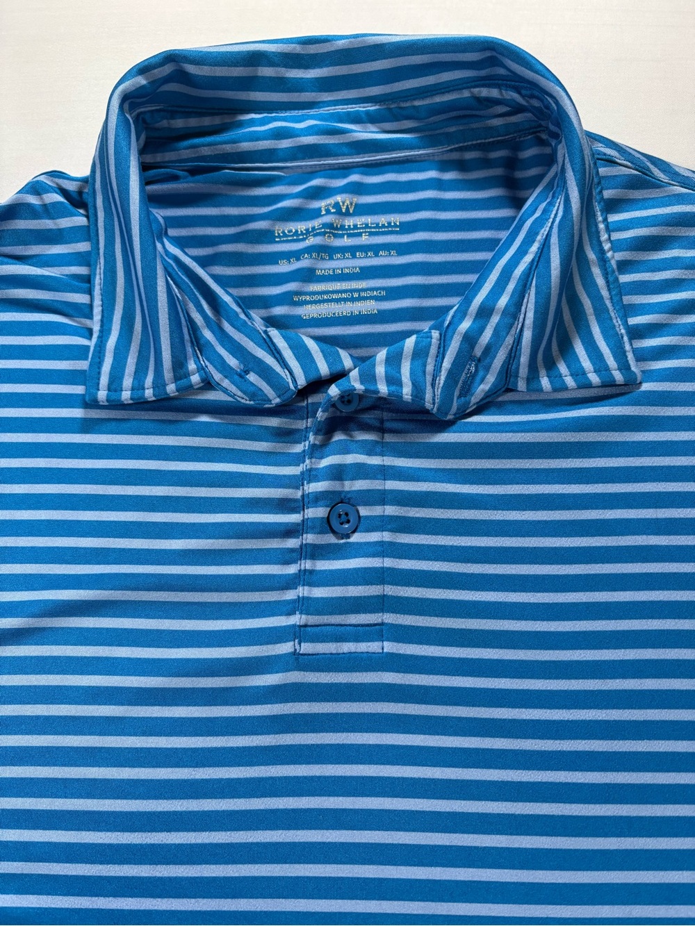 Rorie Whelan Golf Mens XL Blue Striped Short Sleeve Polo Shirt Performance Shirt